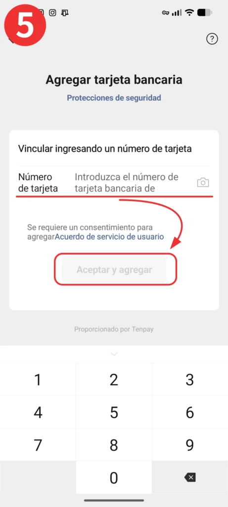 Step 5 of "Add a card information" to WeChat app