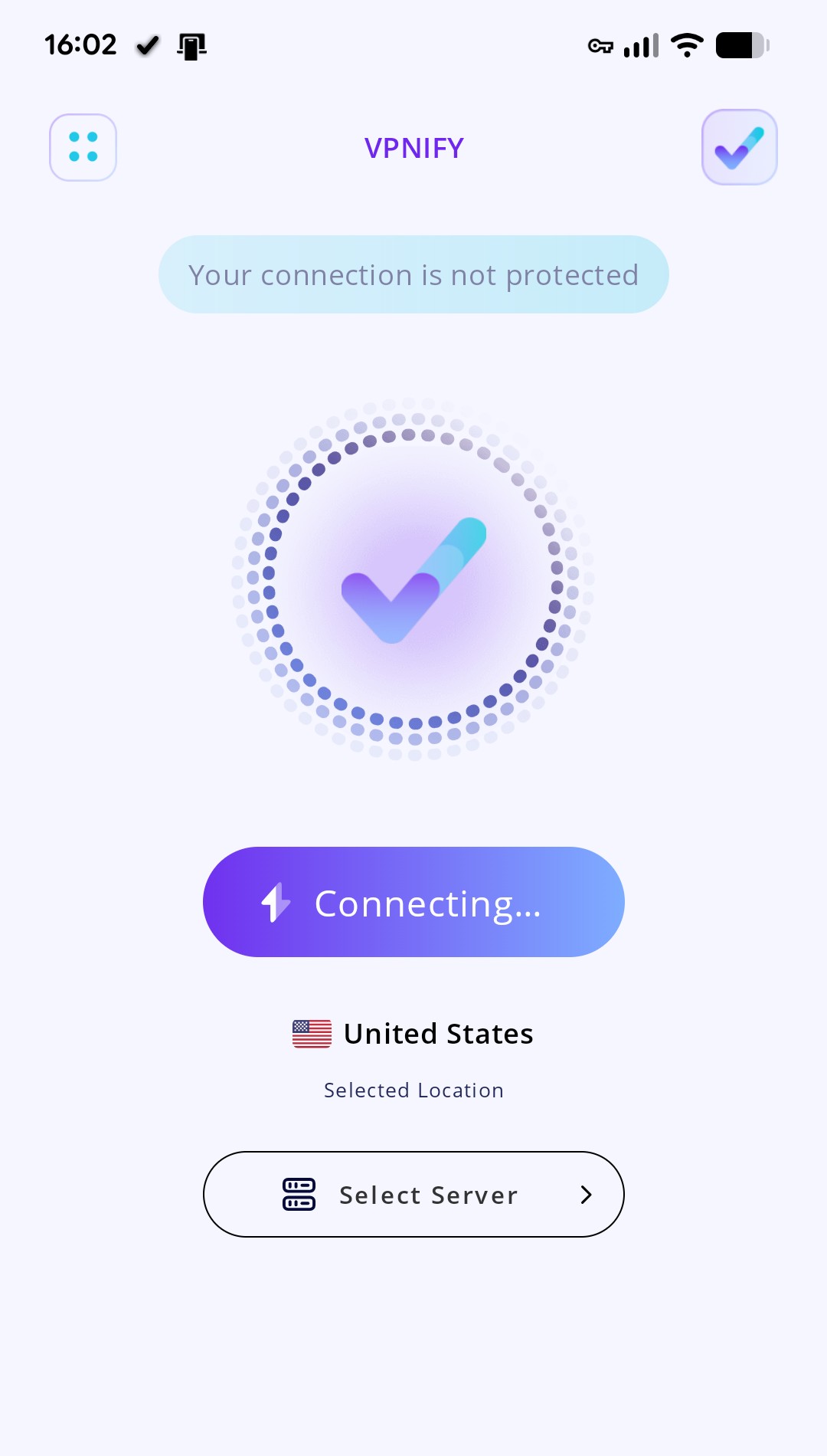 Screenshot of the first screen of the app "vpnify"
